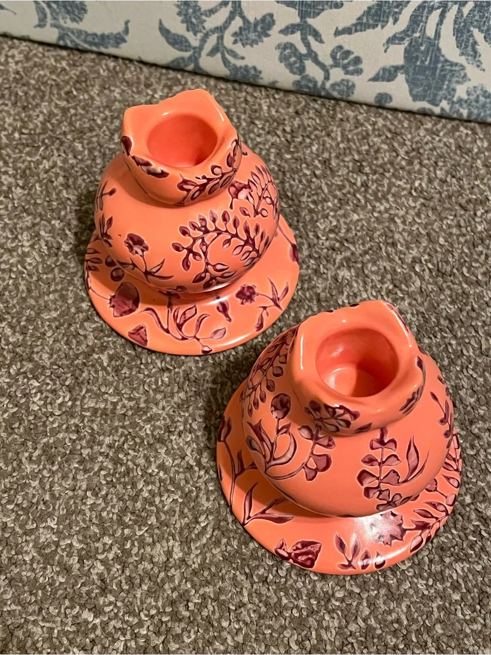 Anthropologie Floral Ceramic Candle Holders in Coral (Set of 2)